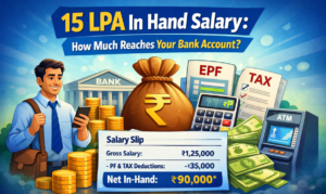 15 LPA in hand salary slip showing gross ₹1,25,000, deductions, and net in-hand amount with money graphics.