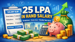 25 LPA in hand salary breakdown with salary slip, money bag, calculator, and coins illustration.