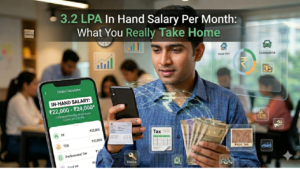 Illustration of 3.2 LPA in hand salary breakdown showing PF, tax, allowances, and take-home pay on a mobile screen.