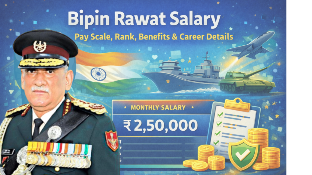 Bipin Rawat salary infographic showing ₹2,50,000 monthly pay of India’s first Chief of Defence Staff.