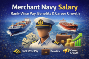 Merchant navy salary infographic showing rank-wise pay, benefits, and career growth in the maritime industry.