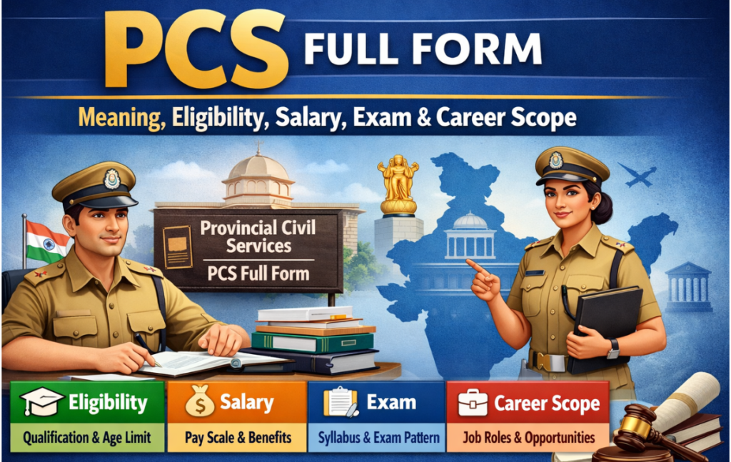 PCS full form infographic showing eligibility, salary, exam, and career scope with civil service officers illustration.