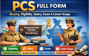 PCS full form infographic showing eligibility, salary, exam, and career scope with civil service officers illustration.