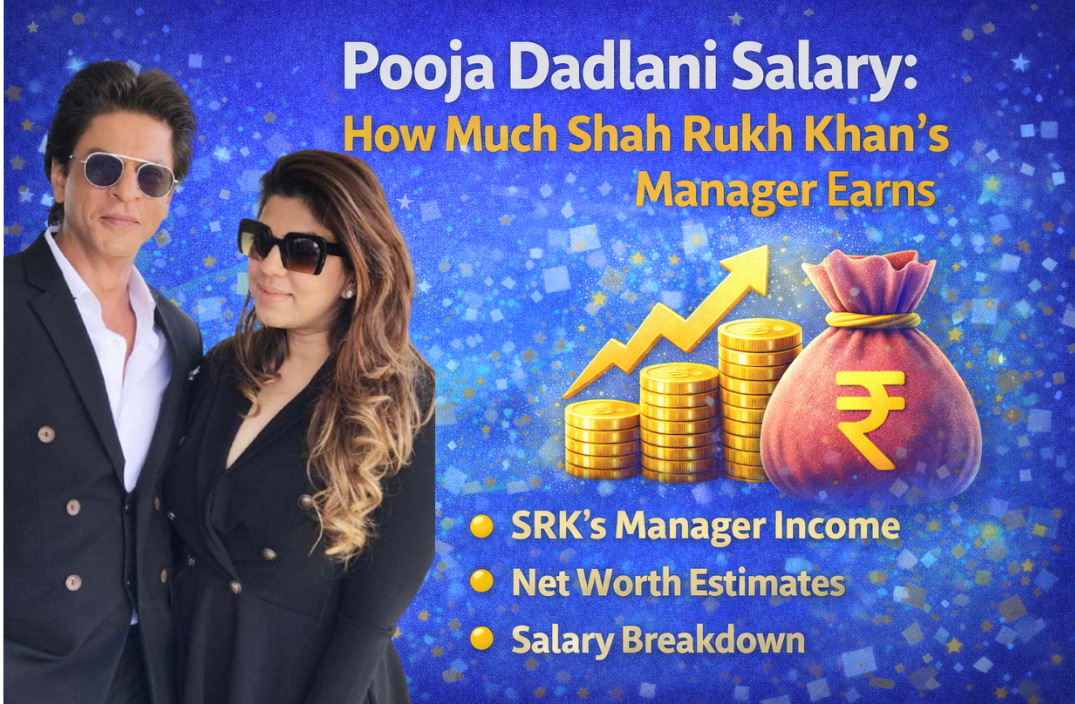 Pooja Dadlani with Shah Rukh Khan representing her salary, net worth, and earnings as SRK’s manager