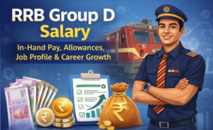 RRB Group D salary details showing railway employee, salary benefits, allowances, and career growth icons.