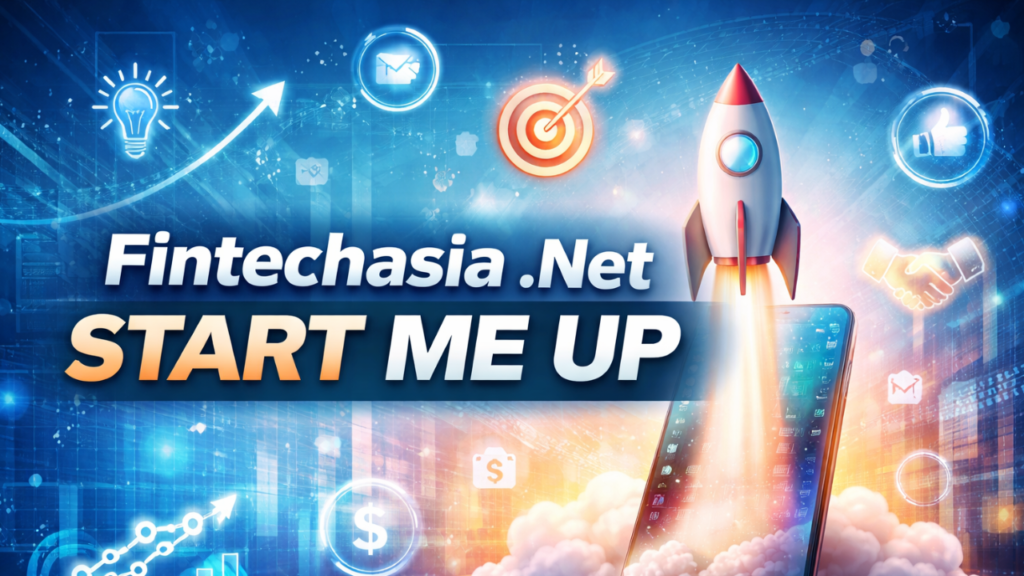 Fintechasia .net start me up platform illustration with startup rocket and digital finance elements.