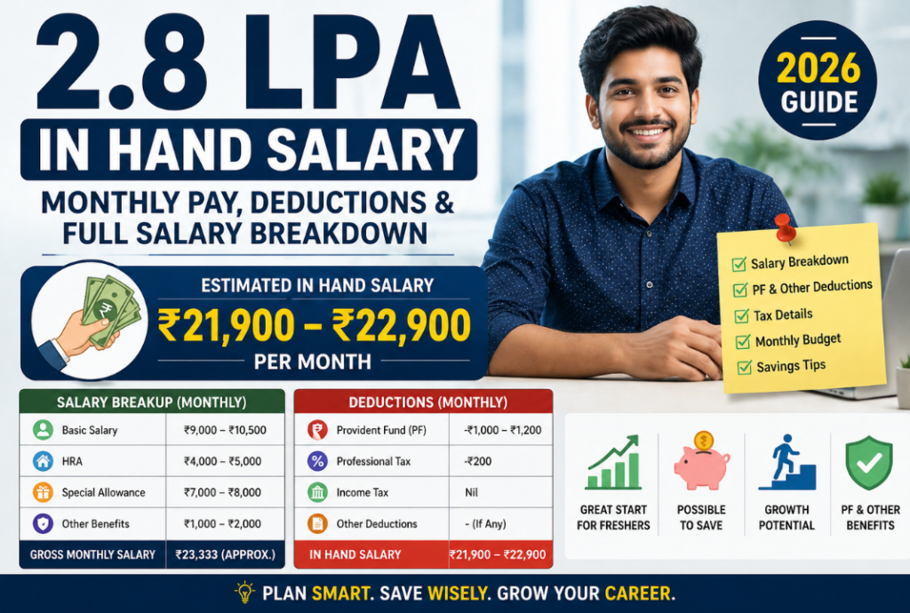 2.8 LPA in hand salary feature image showing monthly salary breakdown, take-home pay, PF deductions, and budget planning in India.