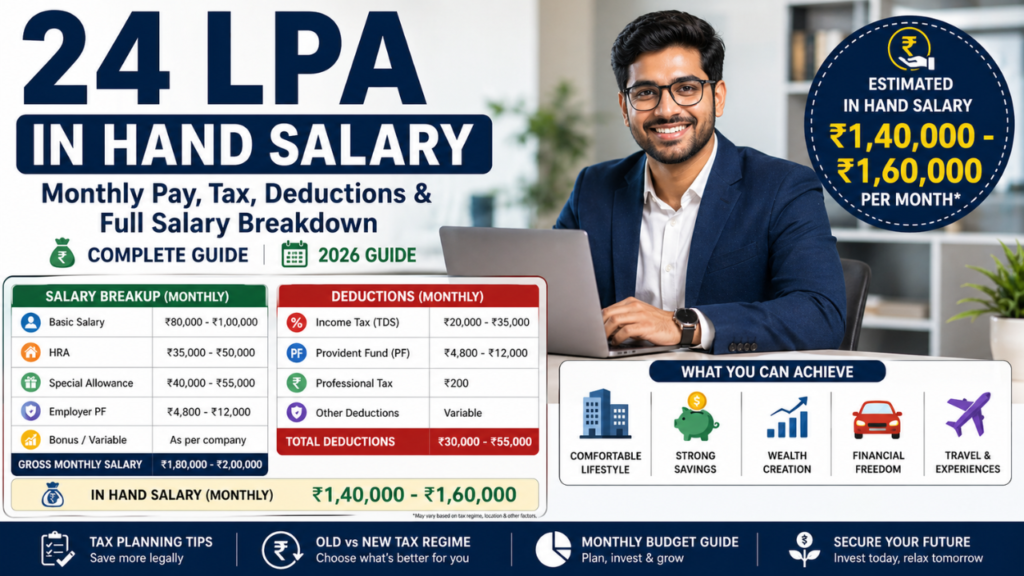 24 LPA in hand salary feature image showing monthly take-home pay, tax deductions, salary breakup, and estimated in-hand salary in India.