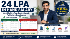 24 LPA in hand salary feature image showing monthly take-home pay, tax deductions, salary breakup, and estimated in-hand salary in India.