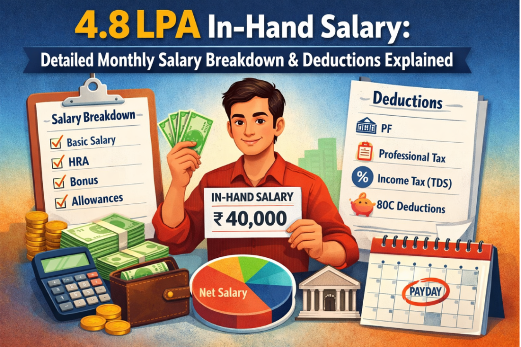 4.8 LPA in hand salary breakdown with monthly ₹40,000 salary, deductions, and components explained visually.