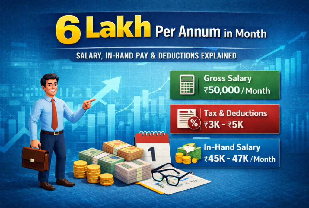 6 lakh per annum in month salary infographic with ₹50,000 gross salary, ₹3K-₹5K deductions, and ₹45K-₹47K in-hand salary on blue background
