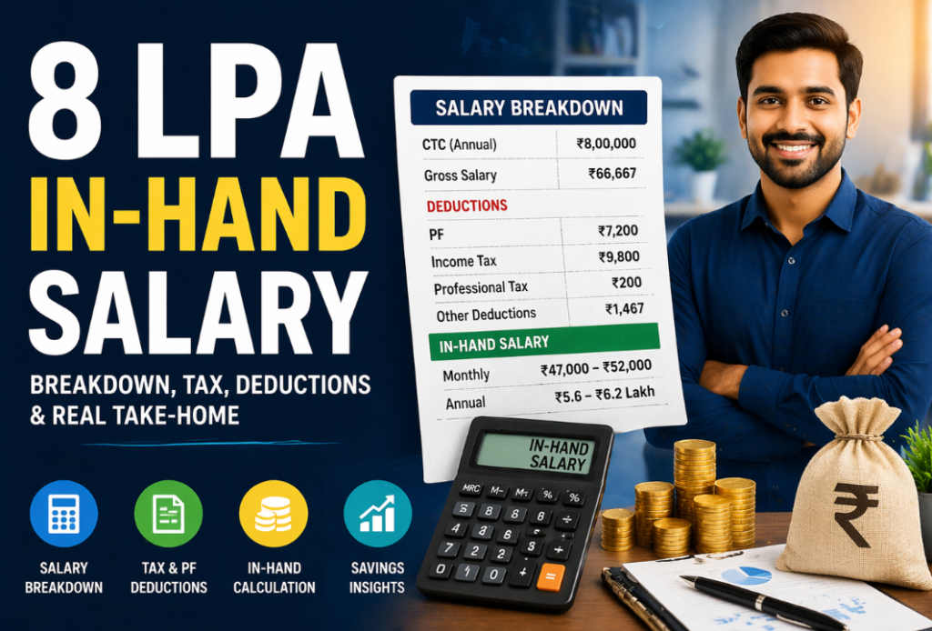 8 LPA in hand salary infographic showing monthly income breakdown and tax deductions.