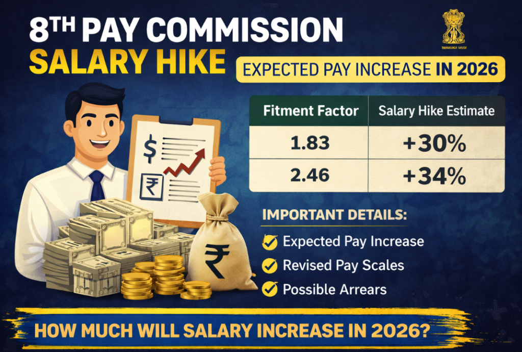 8th pay commission salary hike feature image showing expected pay increase, fitment factor, revised salary scales, and 2026 update.