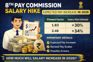 8th pay commission salary hike feature image showing expected pay increase, fitment factor, revised salary scales, and 2026 update.