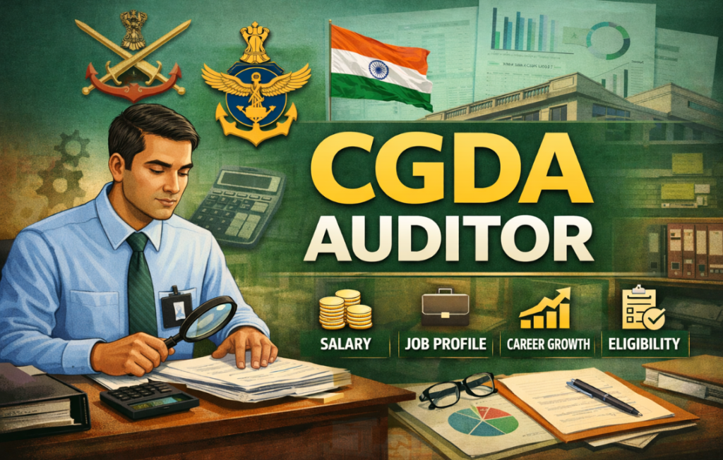 CGDA Auditor illustration showing a government auditor reviewing financial documents with icons for salary, job profile, career growth, and eligibility in a defence accounts setting.