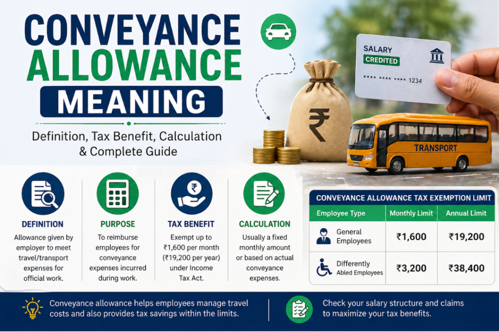 Conveyance allowance meaning infographic showing definition, tax exemption limit, calculation, and transport expense coverage in salary structure.