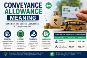 Conveyance allowance meaning infographic showing definition, tax exemption limit, calculation, and transport expense coverage in salary structure.
