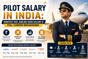 Pilot salary in India infographic with airline pilot, airplane, and career growth highlights.