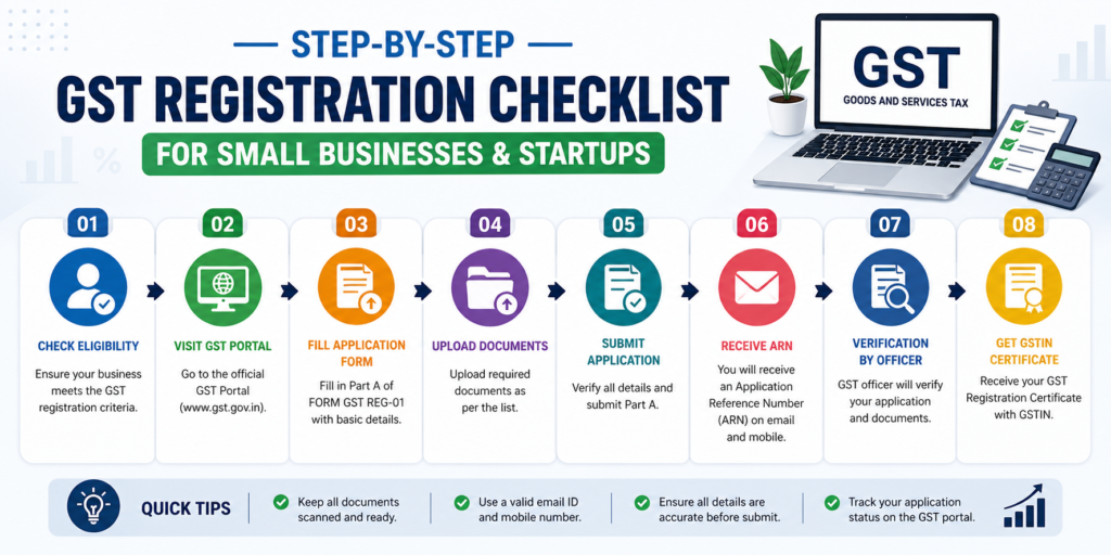 A complete GST registration checklist for startups and small businesses covering process steps, documents, common mistakes, and tips to ensure smooth and error-free registration.