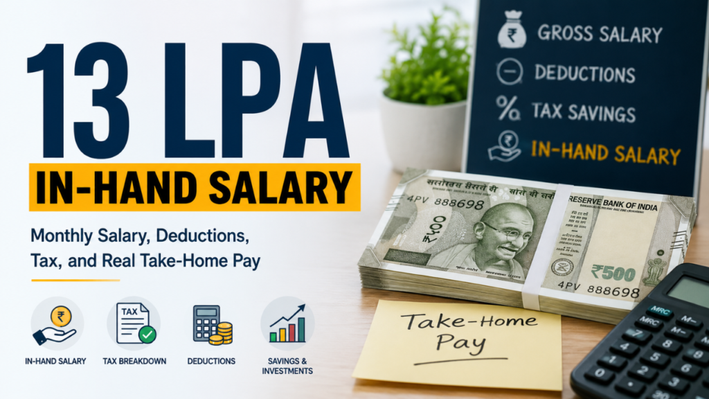 13 LPA in hand salary infographic showing monthly take-home pay, tax deductions, salary breakdown, savings, calculator, and Indian currency notes.