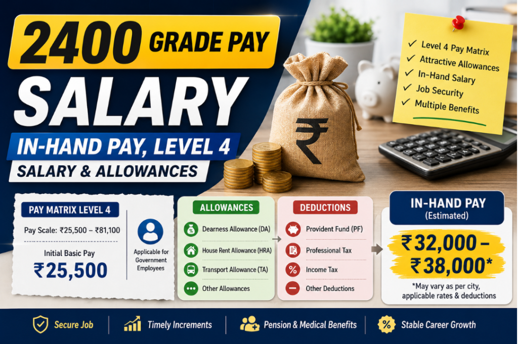 2400 Grade Pay Salary infographic showing Level 4 pay matrix, in-hand salary, allowances, deductions, and government employee benefits in India