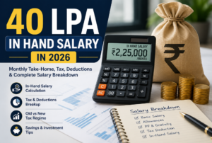 40 LPA in hand salary infographic showing monthly take-home pay, tax deductions, salary breakdown, calculator, and financial planning details in India.