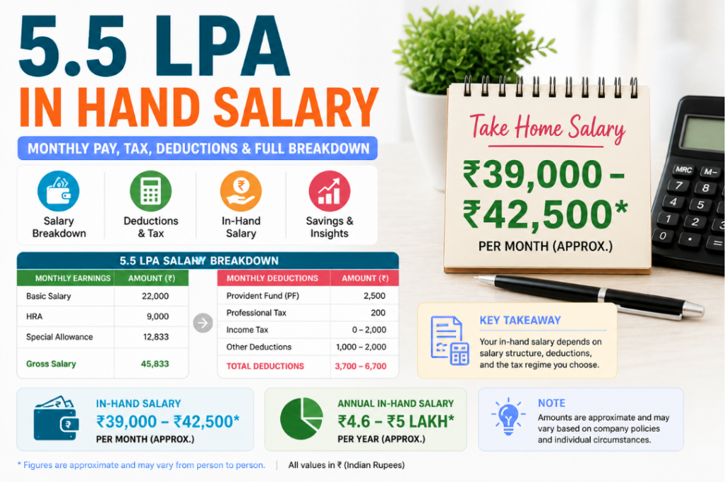 5.5 LPA in hand salary infographic with colorful text showing monthly take-home pay, deductions, and salary breakdown in India.