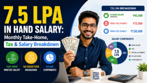 7.5 LPA in hand salary infographic showing monthly take-home, tax deductions, and salary components with charts and a professional holding cash.