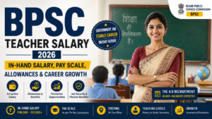 BPSC Teacher Salary 2026 feature image showing Bihar government teacher pay scale, in-hand salary, allowances, career growth, and TRE 4.0 recruitment details in a classroom-themed design.