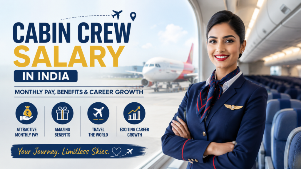 Professional cabin crew salary infographic featuring a smiling Indian air hostess inside an airplane cabin with text about monthly pay, benefits, and career growth in India.