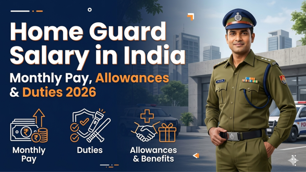 Home Guard Salary in India 2026 feature image showing an officer in uniform, salary icons, and text detailing monthly pay, allowances, and duties.