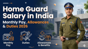 Home Guard Salary in India 2026 feature image showing an officer in uniform, salary icons, and text detailing monthly pay, allowances, and duties.