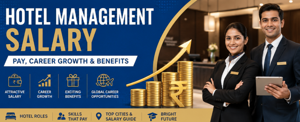 Hotel management salary banner featuring hospitality professionals, career growth icons, salary benefits, and a modern hotel lobby background.