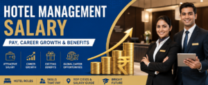 Hotel management salary banner featuring hospitality professionals, career growth icons, salary benefits, and a modern hotel lobby background.