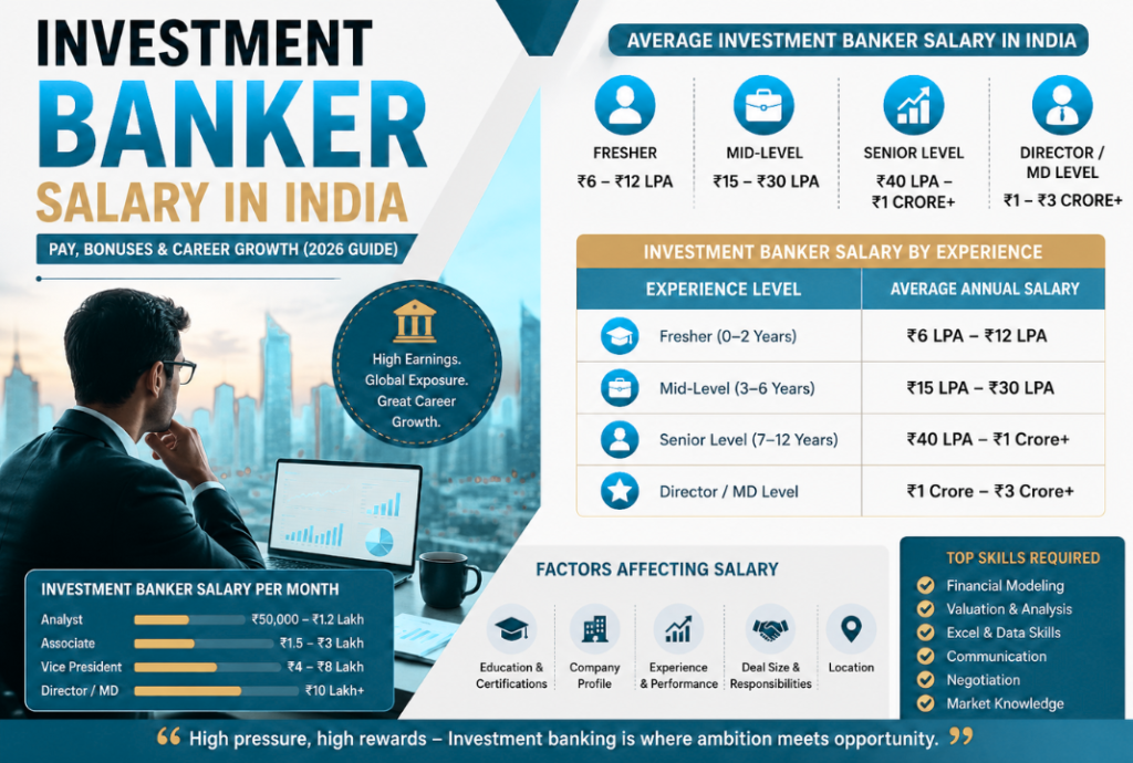 Investment Banker salary infographic showing monthly pay, bonuses, experience-wise salary, and career growth in India.