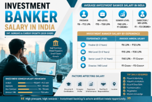 Investment Banker salary infographic showing monthly pay, bonuses, experience-wise salary, and career growth in India.