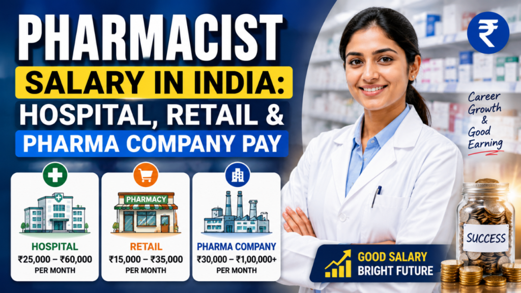 Pharmacist salary in India feature image showing a female pharmacist in a pharmacy with salary comparison for hospital, retail, and pharma company jobs along with career growth graphics.