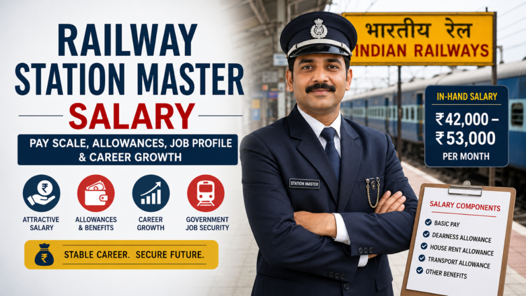 Railway Station Master salary infographic showing in-hand salary, allowances, pay scale, job profile, career growth, and Indian Railways background.