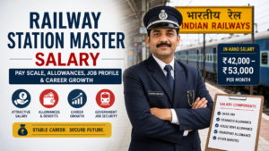 Railway Station Master salary infographic showing in-hand salary, allowances, pay scale, job profile, career growth, and Indian Railways background.