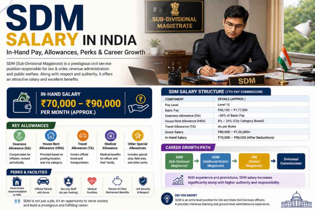 SDM salary in India infographic showing in-hand pay, allowances, and career growth.