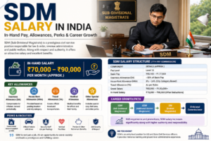 SDM salary in India infographic showing in-hand pay, allowances, and career growth.