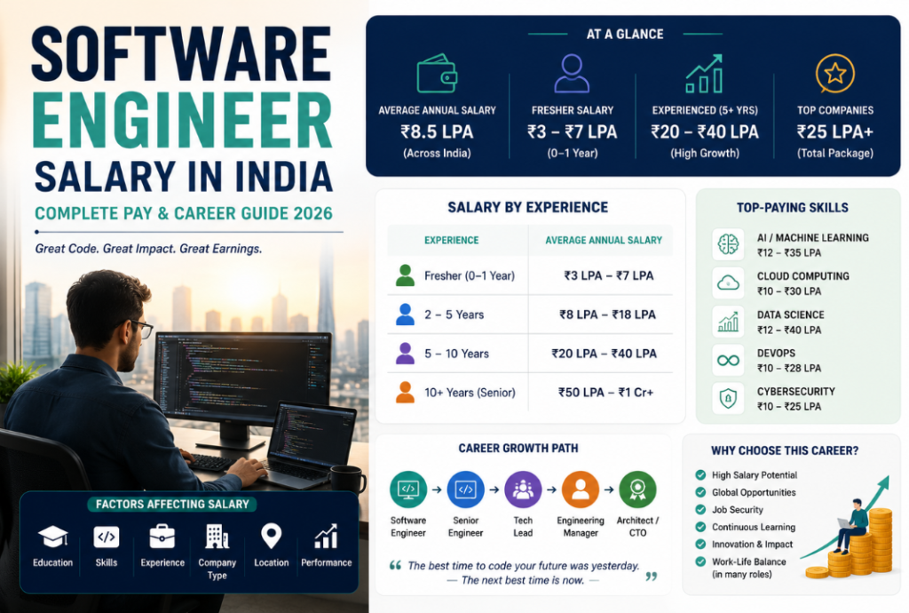 Software engineer salary infographic showing fresher to senior pay, top-paying tech skills, and career growth in India.