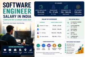 Software engineer salary infographic showing fresher to senior pay, top-paying tech skills, and career growth in India.