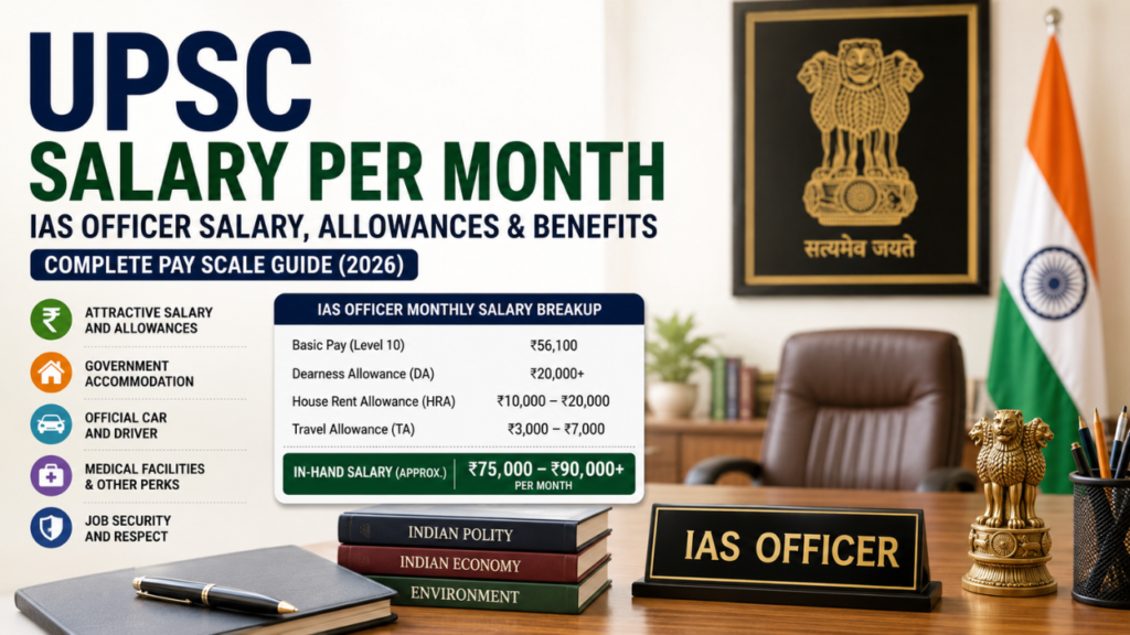 UPSC salary per month infographic showing IAS officer salary structure, allowances, in-hand pay, and government benefits in India.