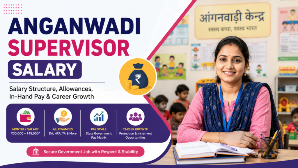 Anganwadi Supervisor salary infographic showing monthly salary, pay scale, allowances, in-hand salary, and career growth with an Anganwadi supervisor in a childcare center.