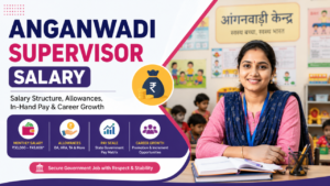 Anganwadi Supervisor salary infographic showing monthly salary, pay scale, allowances, in-hand salary, and career growth with an Anganwadi supervisor in a childcare center.