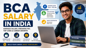BCA salary in India infographic featuring average salary, fresher pay, career growth opportunities, top job roles, and a student working on a laptop.