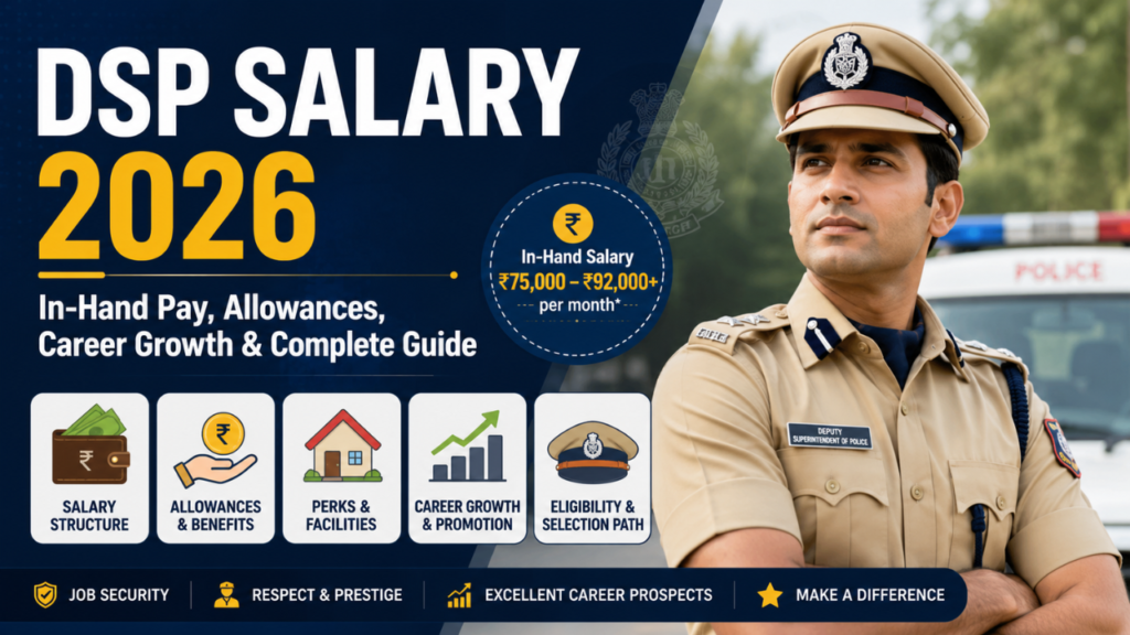 DSP Salary 2026 feature image showing a Deputy Superintendent of Police officer with details on in-hand salary, allowances, benefits, career growth, promotions, and eligibility in India.