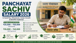 Panchayat Sachiv Salary 2026 infographic featuring salary details, benefits, qualifications, and career growth.
