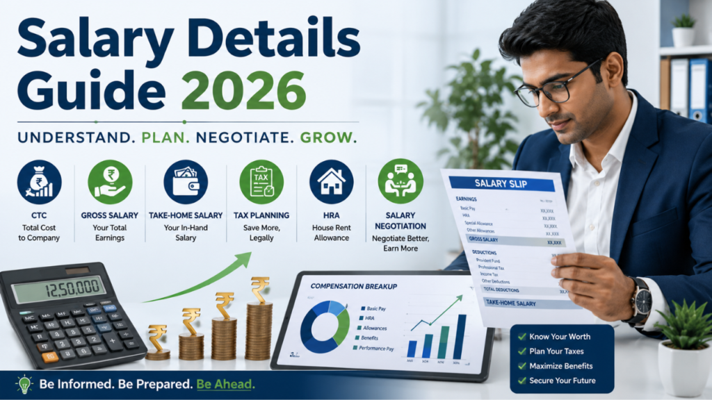 Salary Details Guide 2026 banner with salary slip, calculator, charts, rupee symbols, and a professional reviewing compensation details.